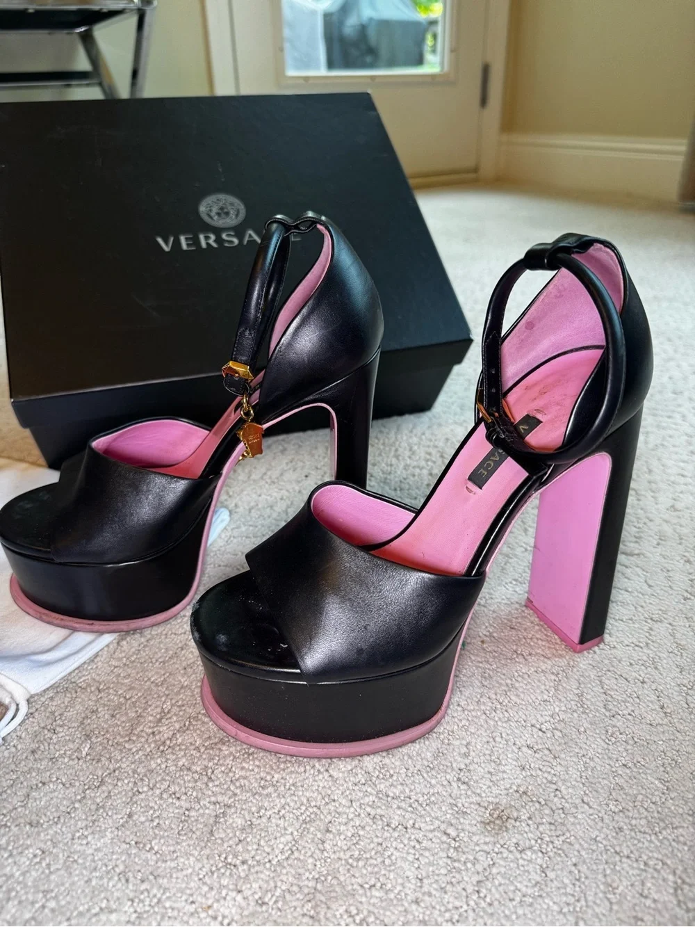 Versace Black Leather Platform Sandals with Medusa Charm & Pink Insoles Size 6
